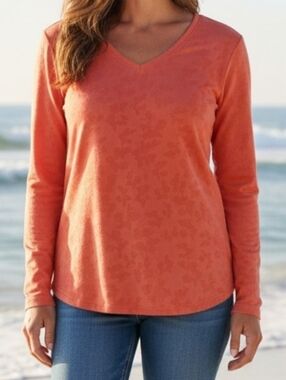 Be Inspired - NWOT, Coral Long Sleeve Floral Active-Wear Shirt, V-Neck, Size M